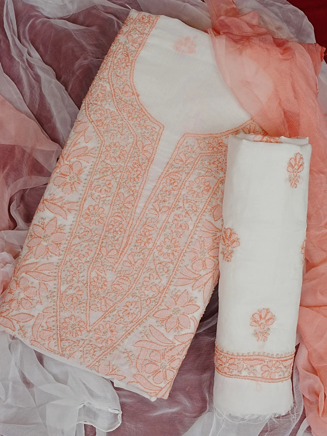 Ada Hand Embroidered White Cotton Lucknowi Chikankari Unstitched Suit Piece 01A592720