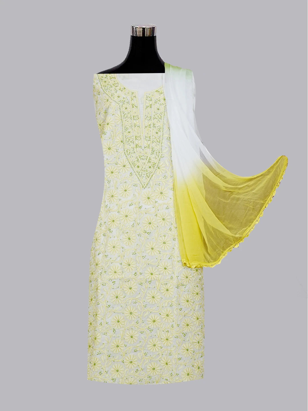 Ada Hand Embroidered White Cotton Lucknowi Chikankari Unstitched Suit Piece 01A592733