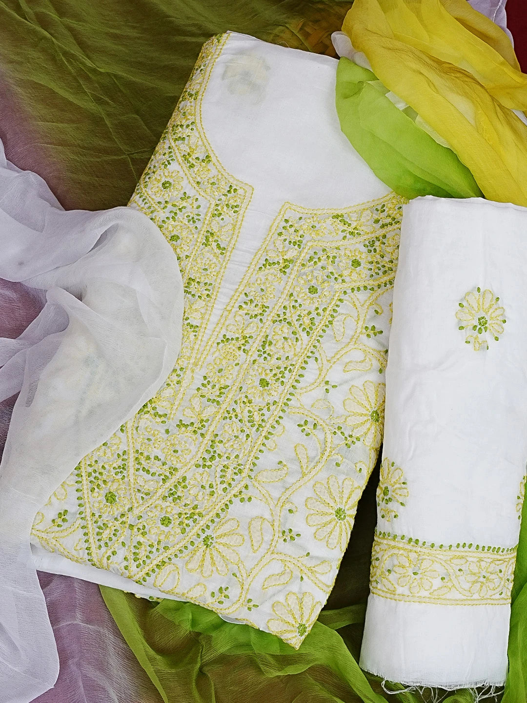 Ada Hand Embroidered White Cotton Lucknowi Chikankari Unstitched Suit Piece 01A592733