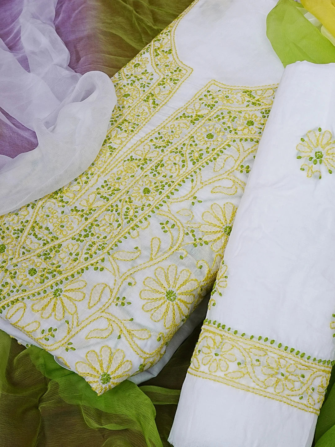 Ada Hand Embroidered White Cotton Lucknowi Chikankari Unstitched Suit Piece 01A592733