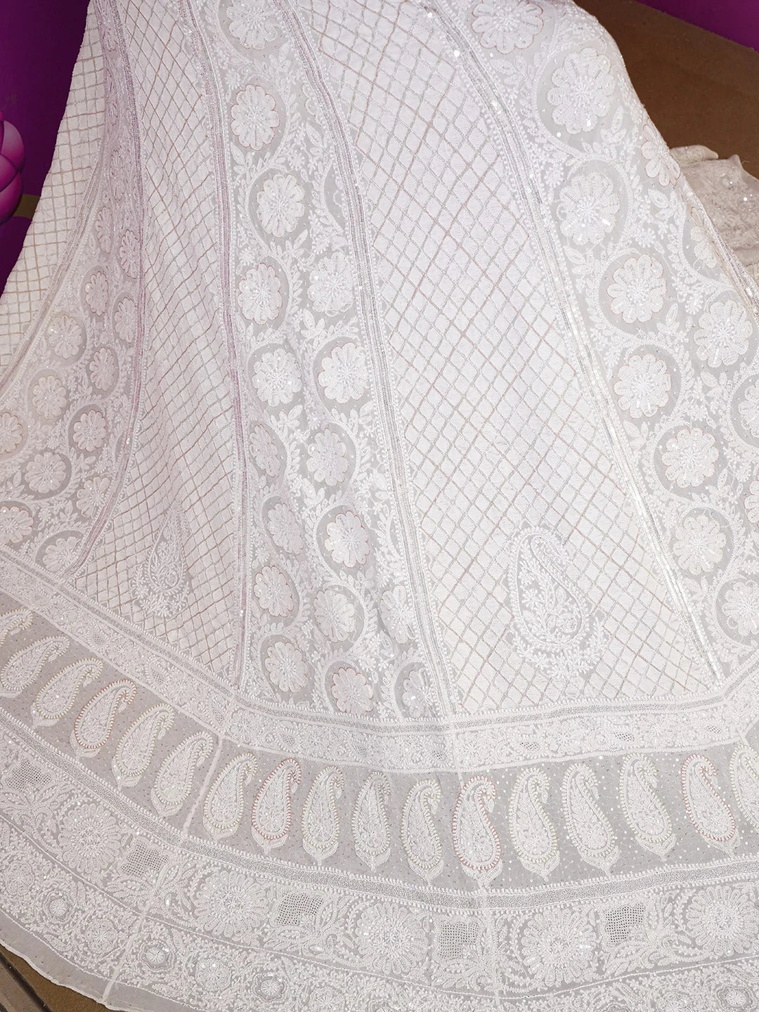 Ada Hand Embroidered Smoky White Pure Georgette Lucknowi Chikankari Lehenga Skirt With Cutdana Work 01A549592
