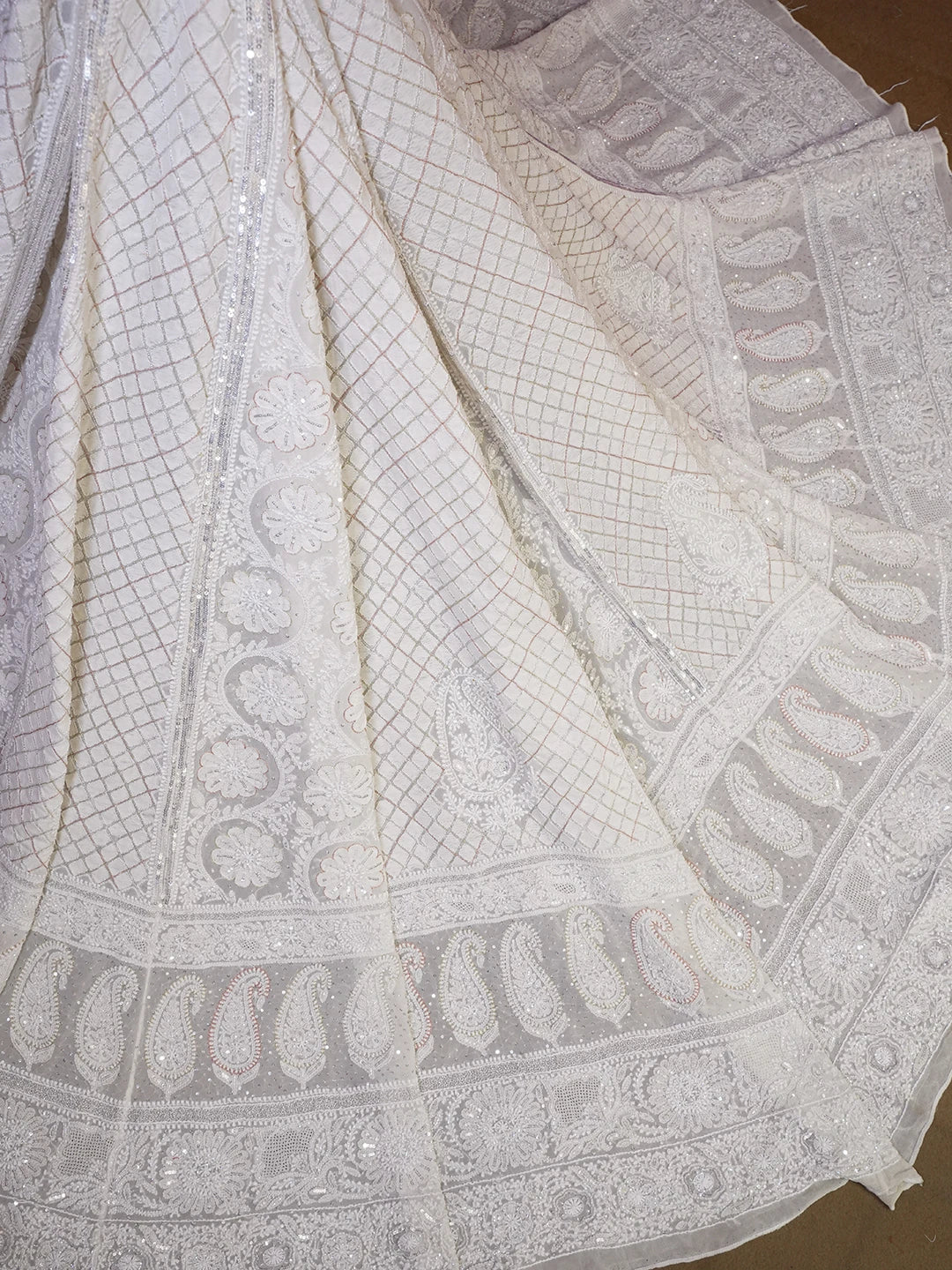 Ada Hand Embroidered Smoky White Pure Georgette Lucknowi Chikankari Lehenga Skirt With Cutdana Work 01A549592