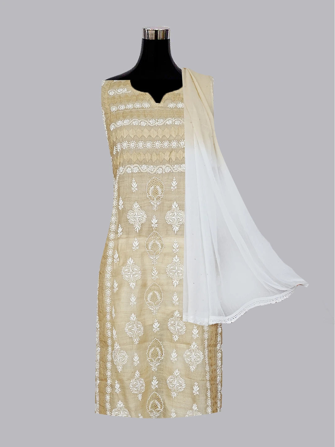 Ada Hand Embroidered Fawn Silk Lucknowi Chikankari Unstitched Suit Piece 01A593037