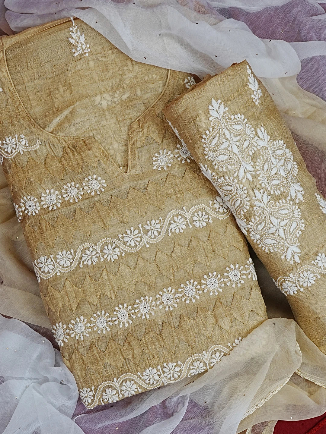Ada Hand Embroidered Fawn Silk Lucknowi Chikankari Unstitched Suit Piece 01A593037