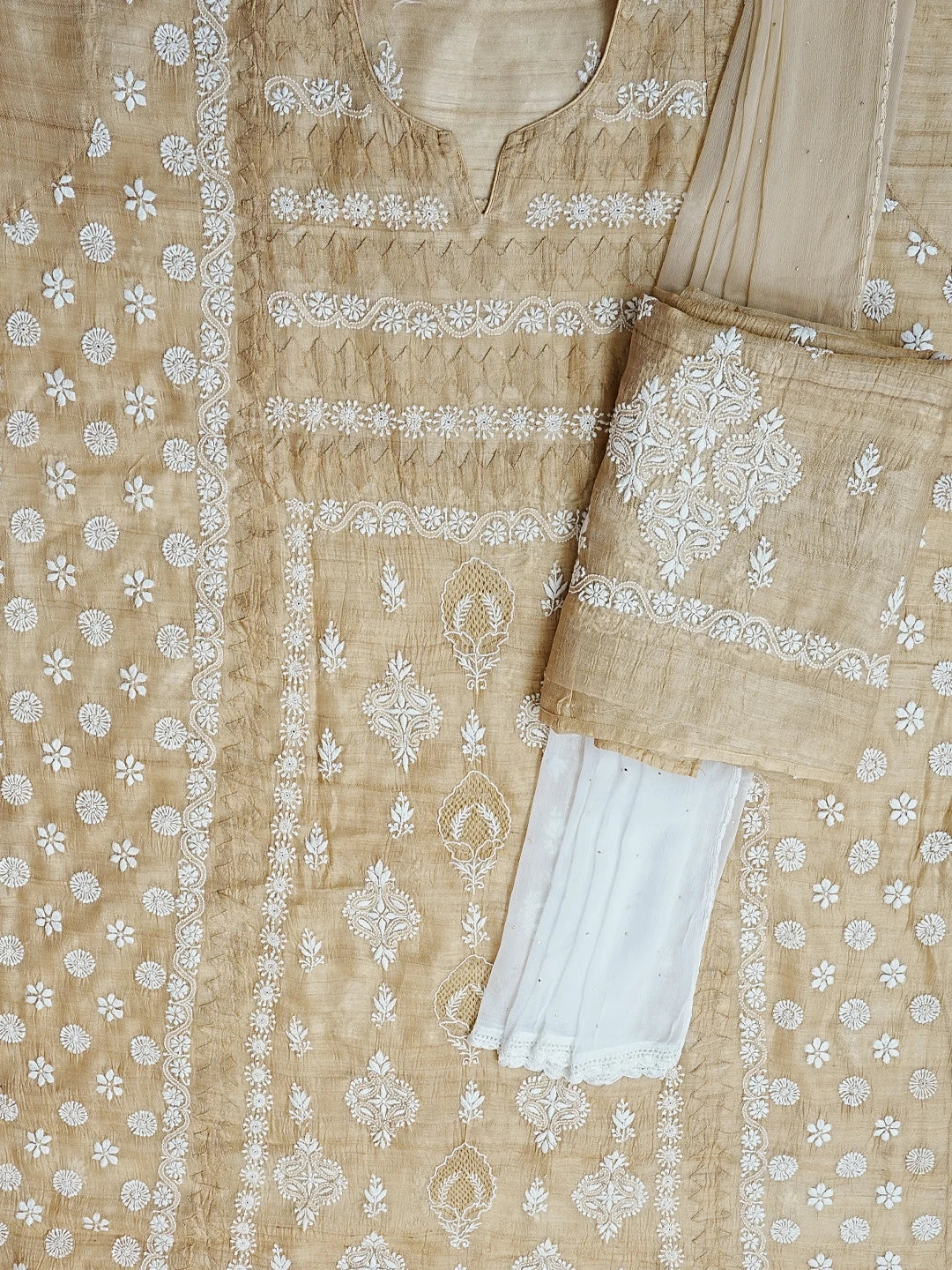 Ada Hand Embroidered Fawn Silk Lucknowi Chikankari Unstitched Suit Piece 01A593037