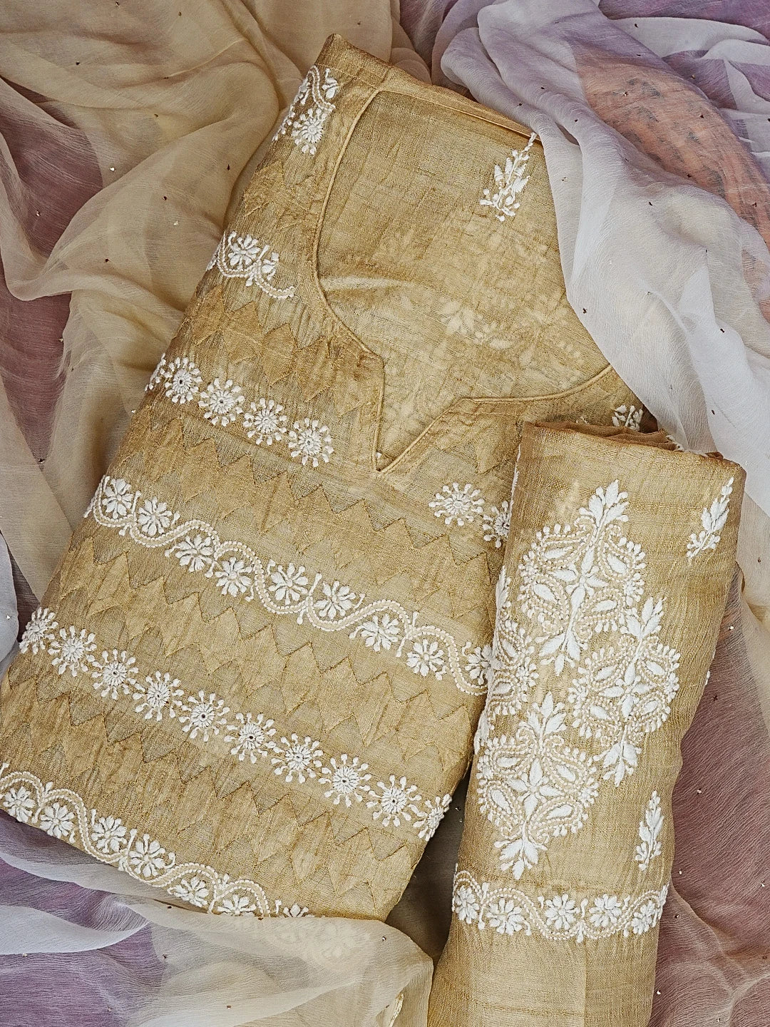 Ada Hand Embroidered Fawn Silk Lucknowi Chikankari Unstitched Suit Piece 01A593037