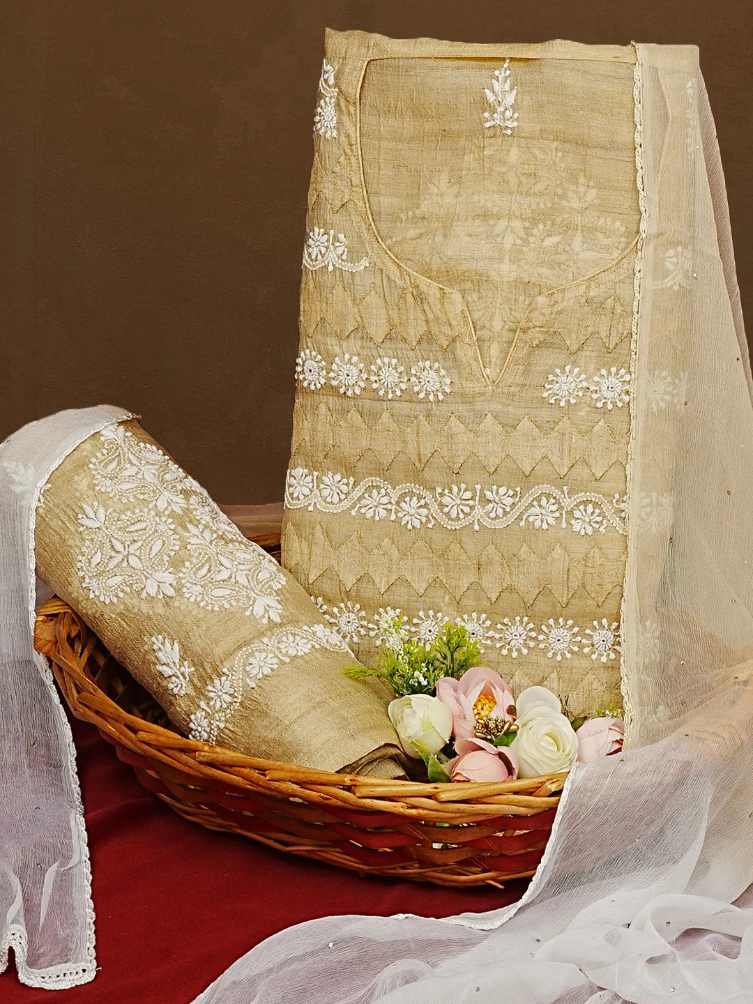 Ada Hand Embroidered Fawn Silk Lucknowi Chikankari Unstitched Suit Piece 01A593037