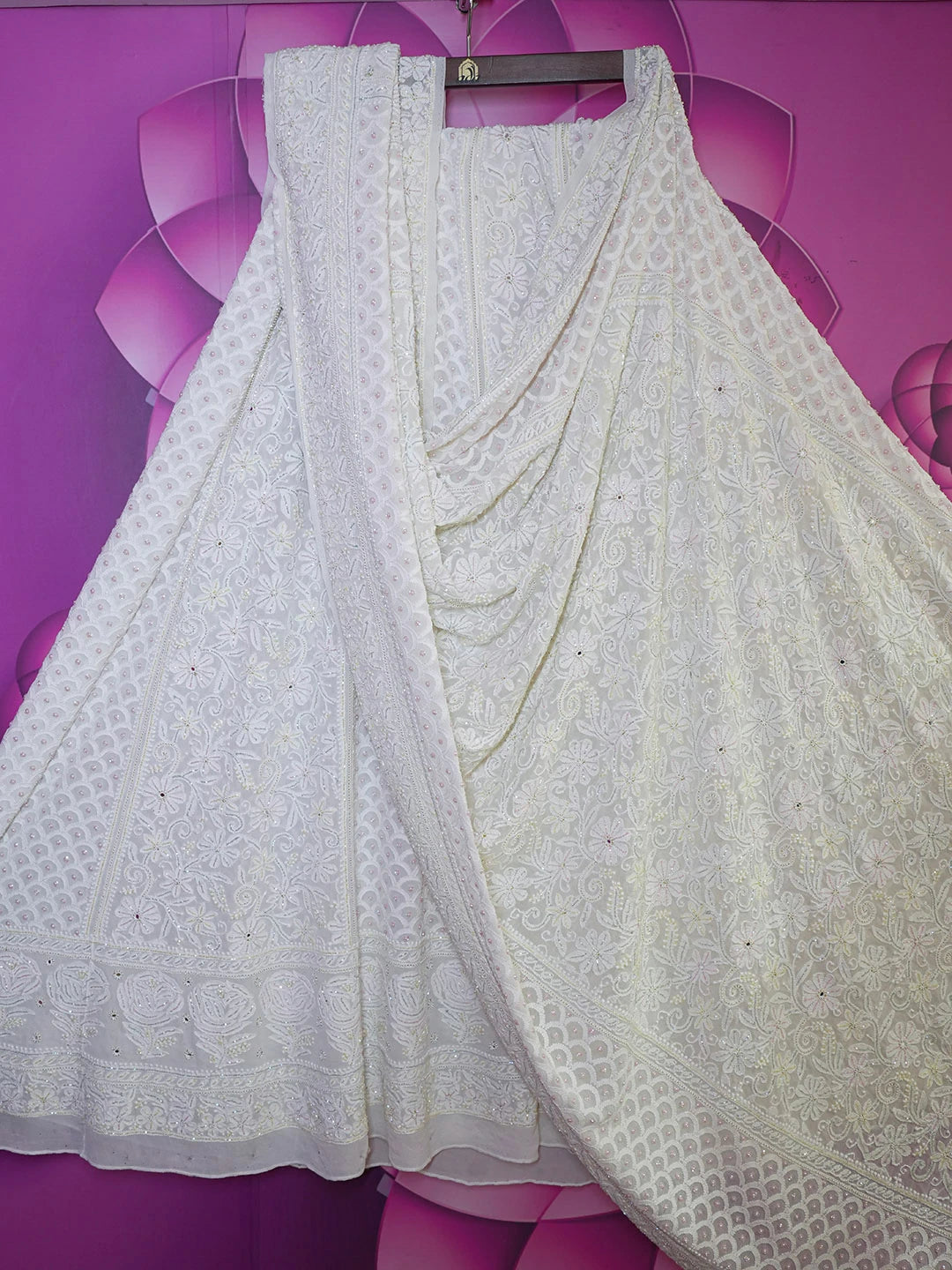 Ada Hand Embroidered White Pure Georgette Lucknowi Chikankari Lehenga Set With Pearl and Mirror Work 01A584159