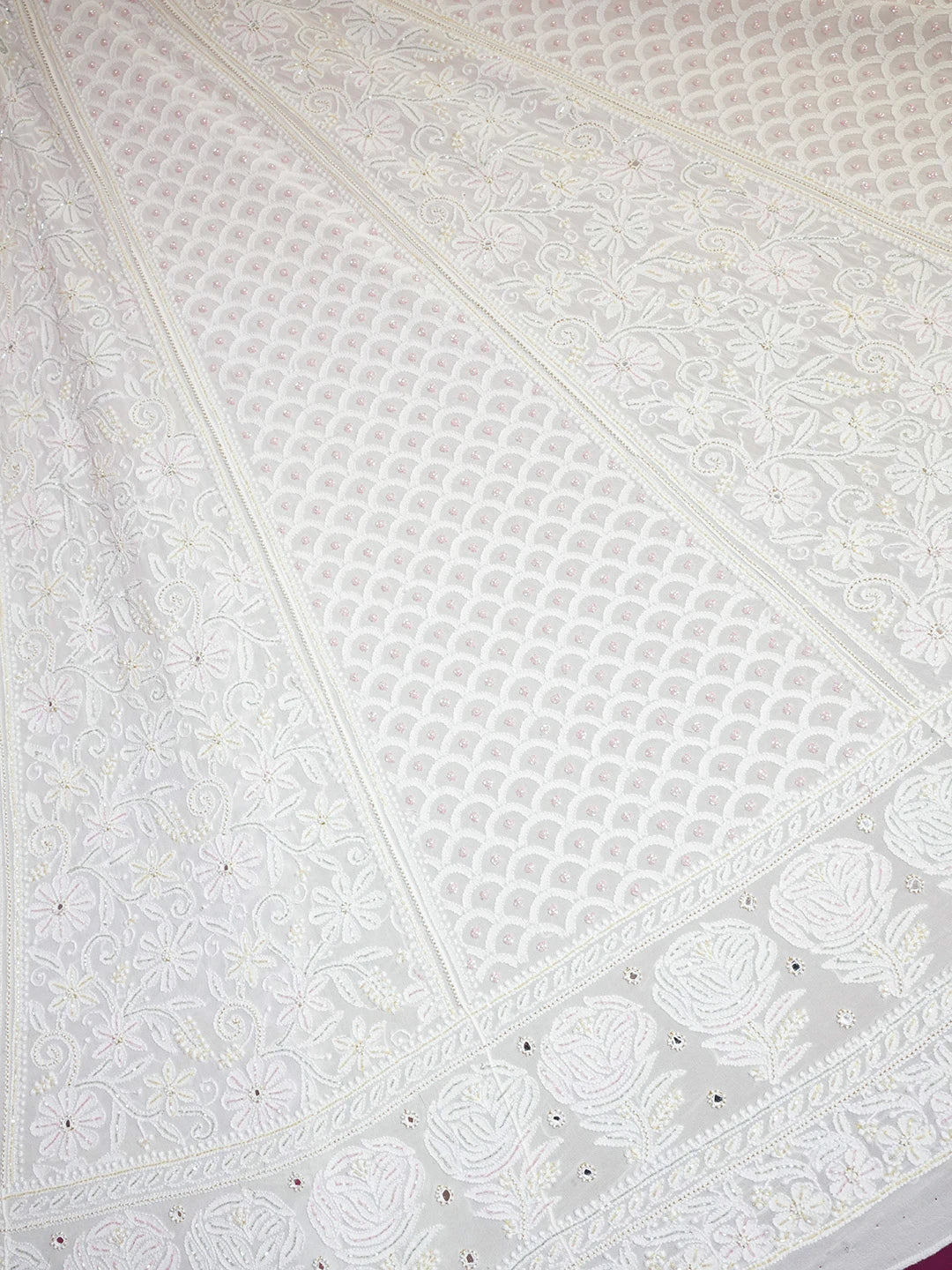 Ada Hand Embroidered White Pure Georgette Lucknowi Chikankari Lehenga Set With Pearl and Mirror Work 01A584159