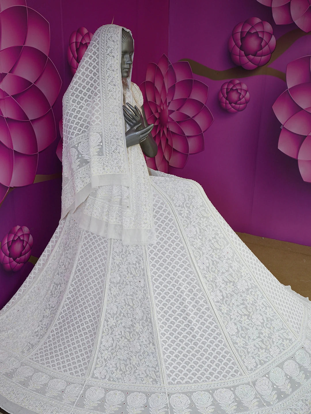 Ada Hand Embroidered White Pure Georgette Lucknowi Chikankari Lehenga Set With Pearl and Mirror Work 01A584159