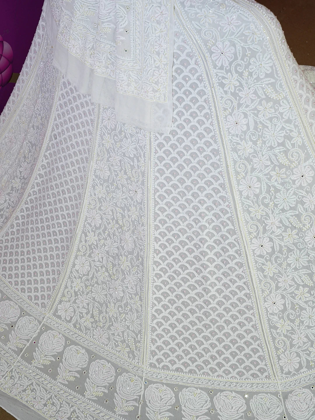 Ada Hand Embroidered White Pure Georgette Lucknowi Chikankari Lehenga Set With Pearl and Mirror Work 01A584159
