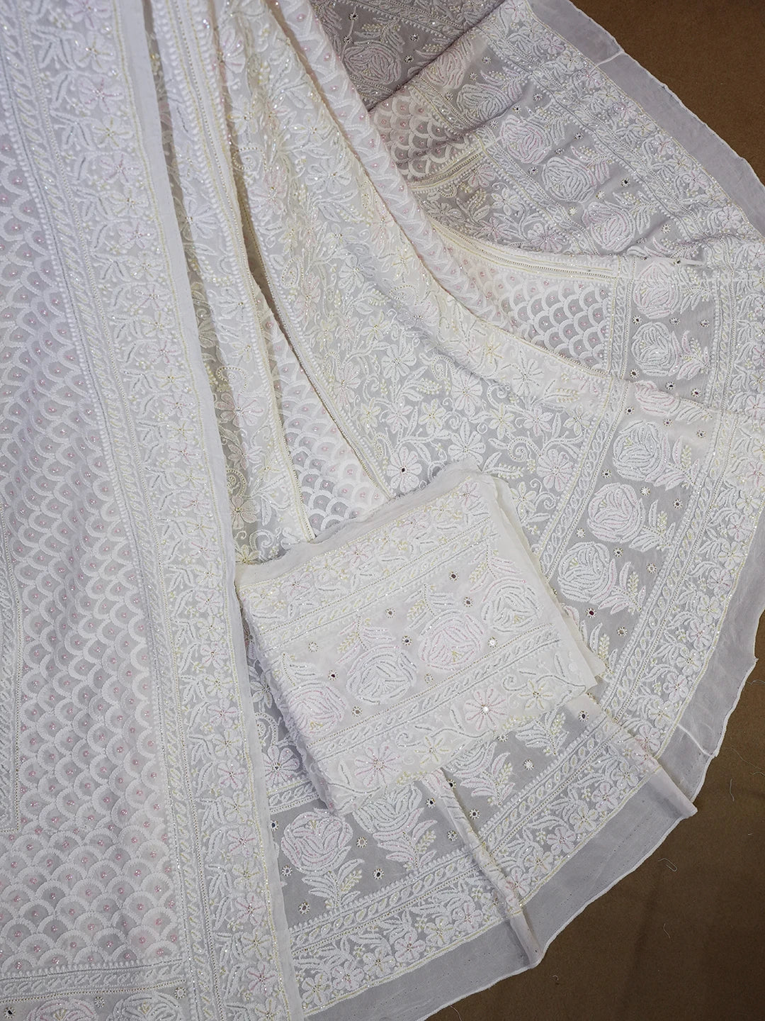 Ada Hand Embroidered White Pure Georgette Lucknowi Chikankari Lehenga Set With Pearl and Mirror Work 01A584159