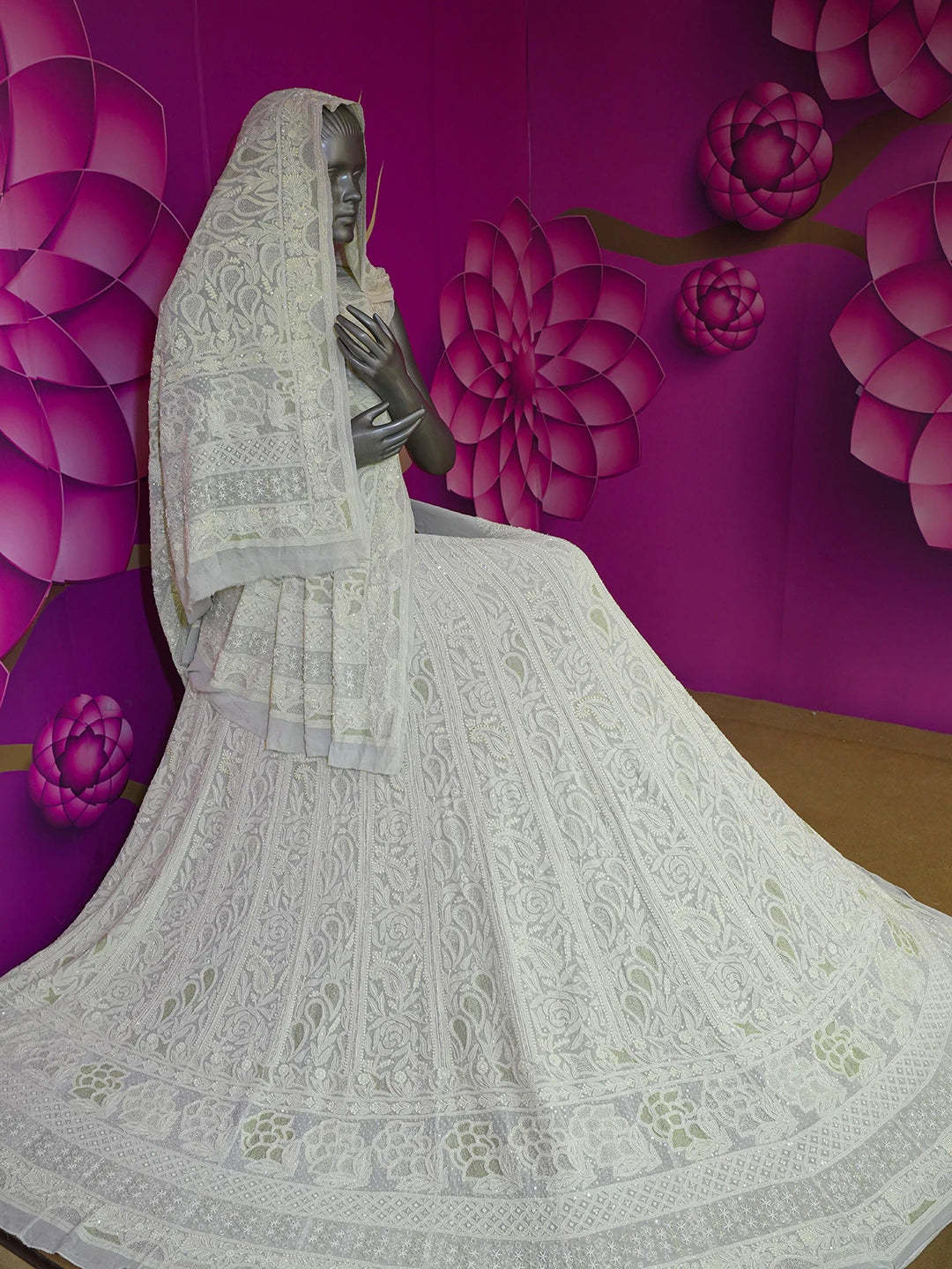 Ada Hand Embroidered Tea Green Pure Georgette Lucknowi Chikankari Lehenga Set With Cutdana Work A360244