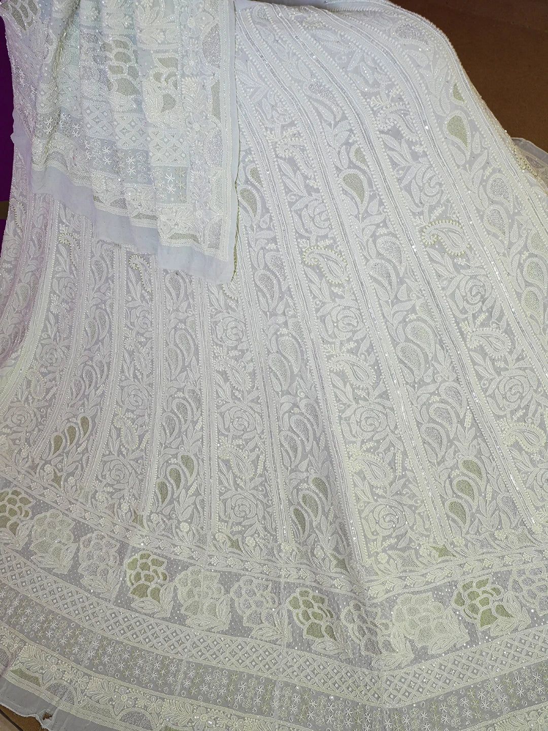 Ada Hand Embroidered Tea Green Pure Georgette Lucknowi Chikankari Lehenga Set With Cutdana Work A360244