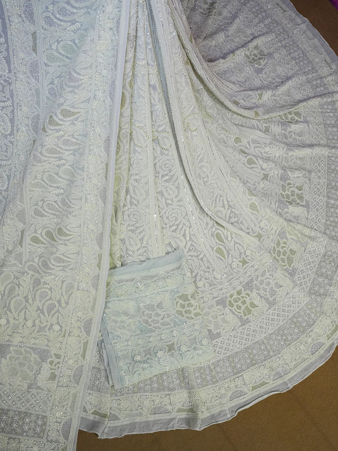 Ada Hand Embroidered Tea Green Pure Georgette Lucknowi Chikankari Lehenga Set With Cutdana Work A360244