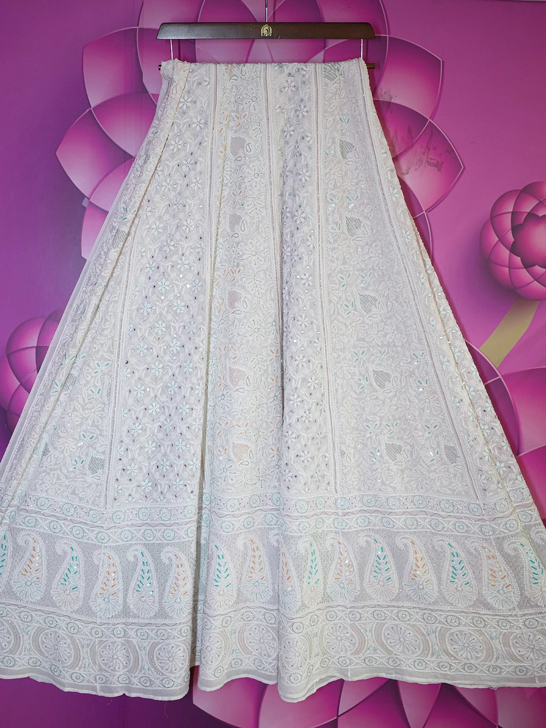 Ada Hand Embroidered White Pure Georgette Lucknowi Chikankari Lehenga Skirt With Cutdana Work 01A362452