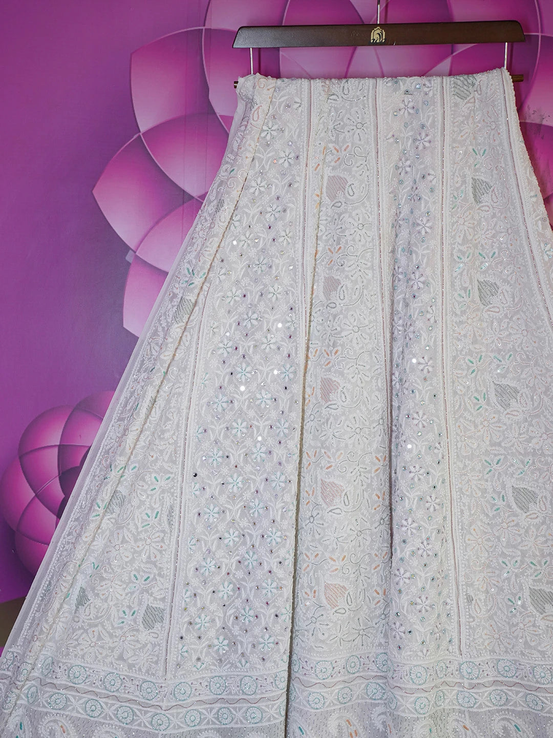 Ada Hand Embroidered White Pure Georgette Lucknowi Chikankari Lehenga Skirt With Cutdana Work 01A362452