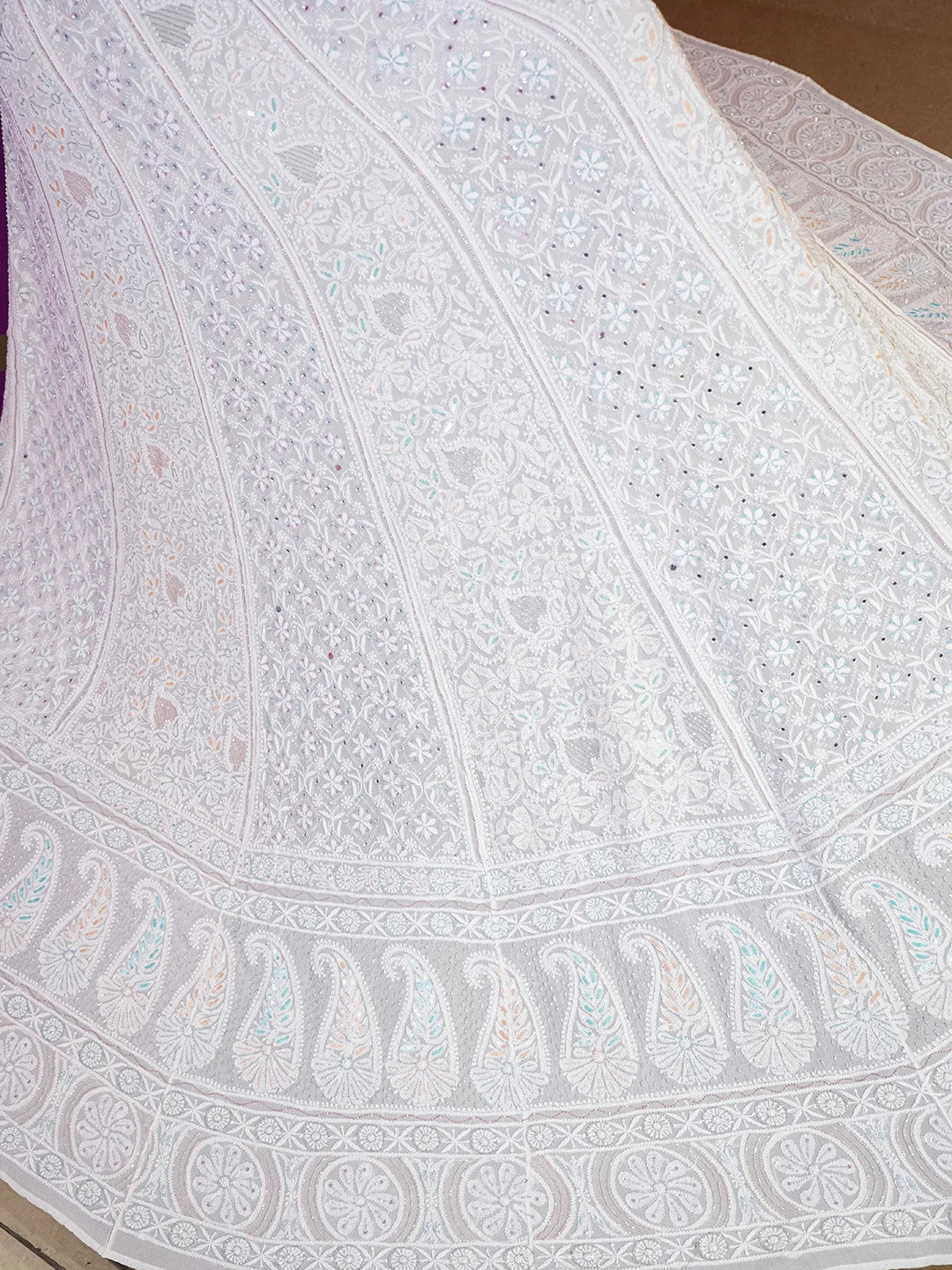 Ada Hand Embroidered White Pure Georgette Lucknowi Chikankari Lehenga Skirt With Cutdana Work 01A362452