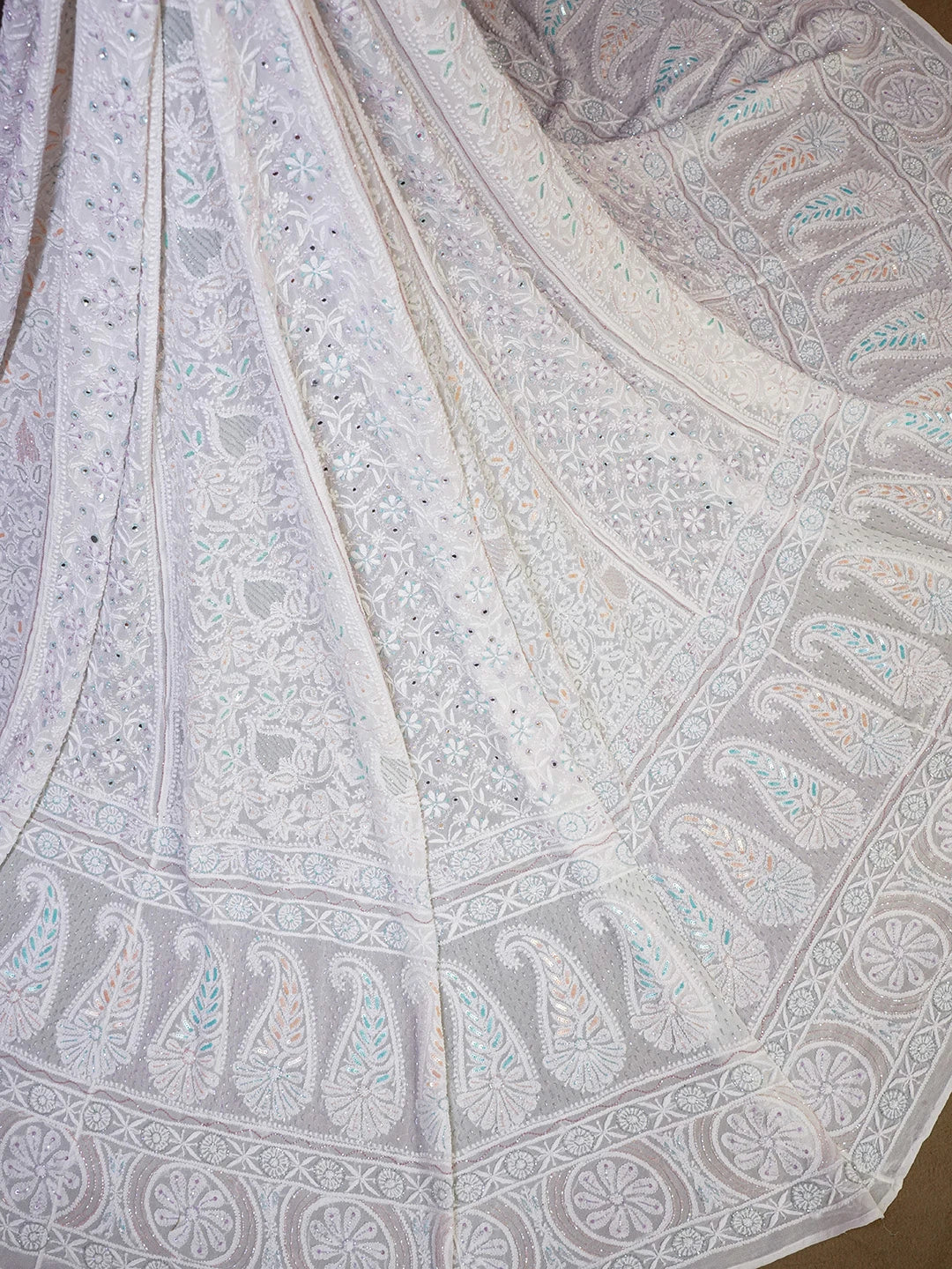 Ada Hand Embroidered White Pure Georgette Lucknowi Chikankari Lehenga Skirt With Cutdana Work 01A362452