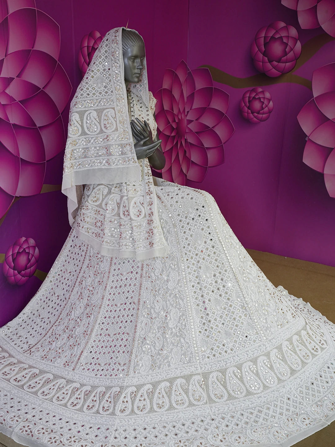 Ada Hand Embroidered White Pure Georgette Lucknowi Chikankari Lehenga Set With Pearl Work 01A468715