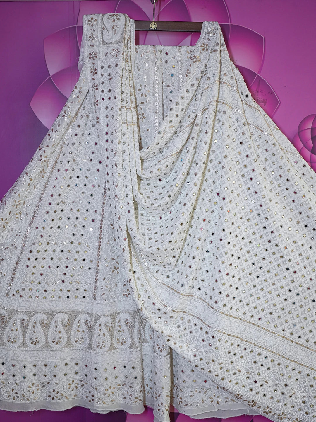 Ada Hand Embroidered White Pure Georgette Lucknowi Chikankari Lehenga Set With Pearl Work 01A468715