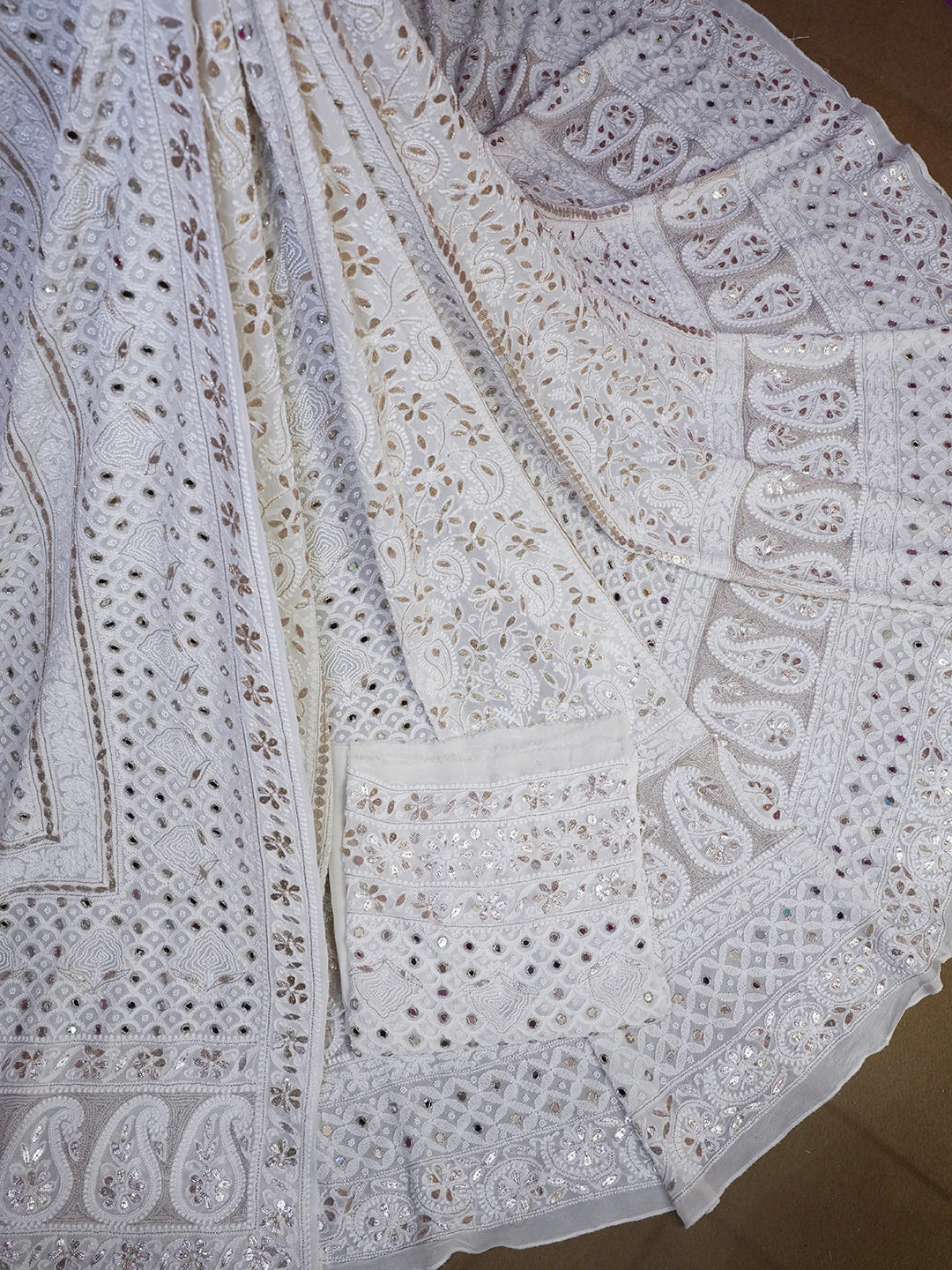 Ada Hand Embroidered White Pure Georgette Lucknowi Chikankari Lehenga Set With Pearl Work 01A468715