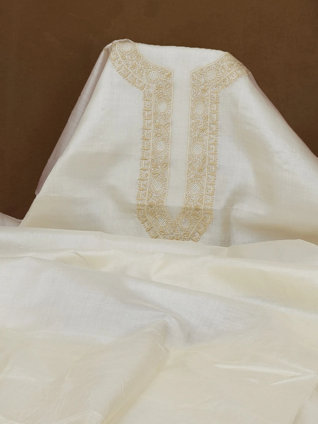 Ada Hand Embroidered Cream Silk Lucknowi Chikankari Men's Kurta Piece 01A584551