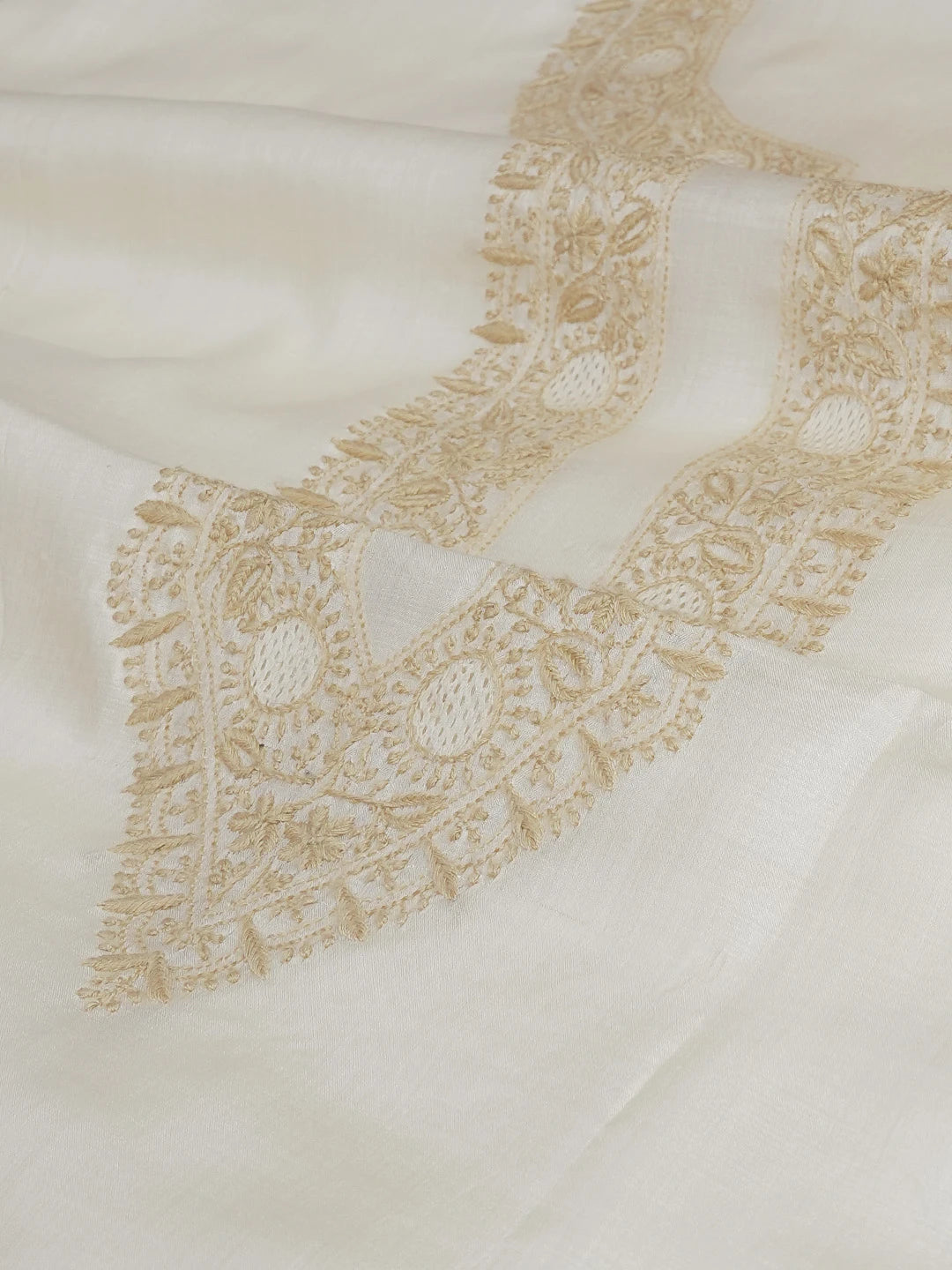 Ada Hand Embroidered Cream Silk Lucknowi Chikankari Men's Kurta Piece 01A584551