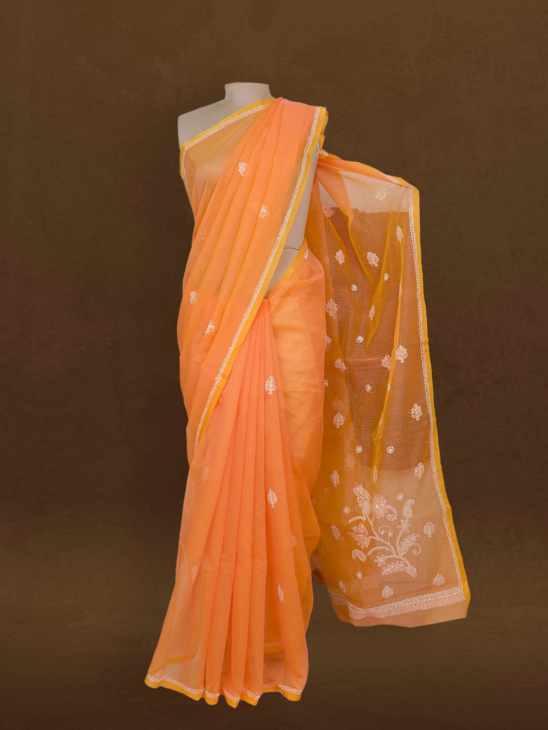 Ada Hand Embroidered Orange Super Net Lucknowi Chikankari Saree With Blouse 01A592669
