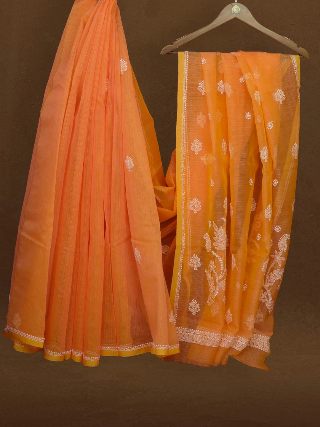 Ada Hand Embroidered Orange Super Net Lucknowi Chikankari Saree With Blouse 01A592669
