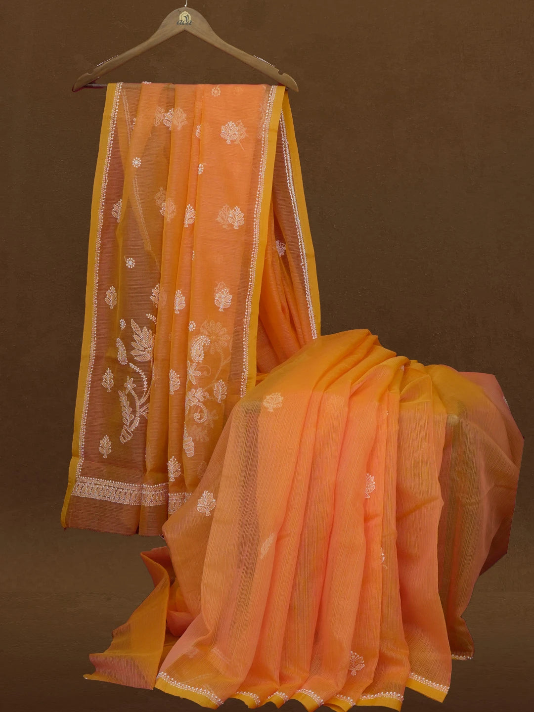 Ada Hand Embroidered Orange Super Net Lucknowi Chikankari Saree With Blouse 01A592669