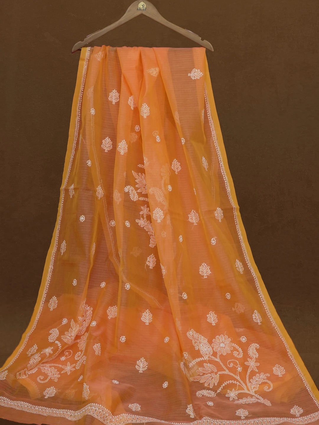 Ada Hand Embroidered Orange Super Net Lucknowi Chikankari Saree With Blouse 01A592669