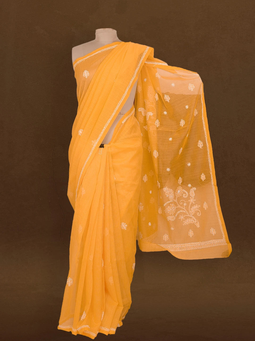 Ada Hand Embroidered Yellow Super Net Lucknowi Chikankari Saree With Blouse 01A592601