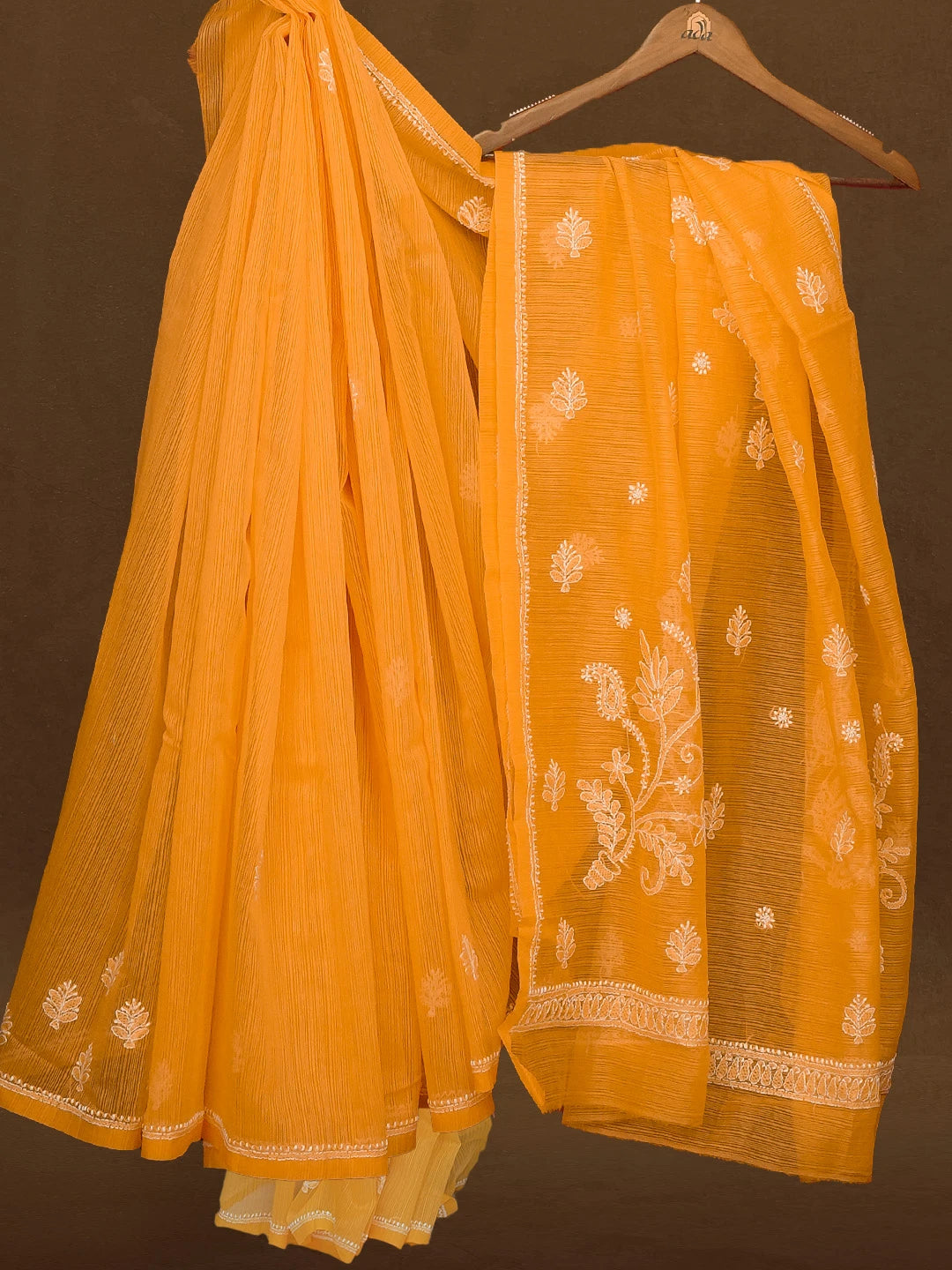 Ada Hand Embroidered Yellow Super Net Lucknowi Chikankari Saree With Blouse 01A592601