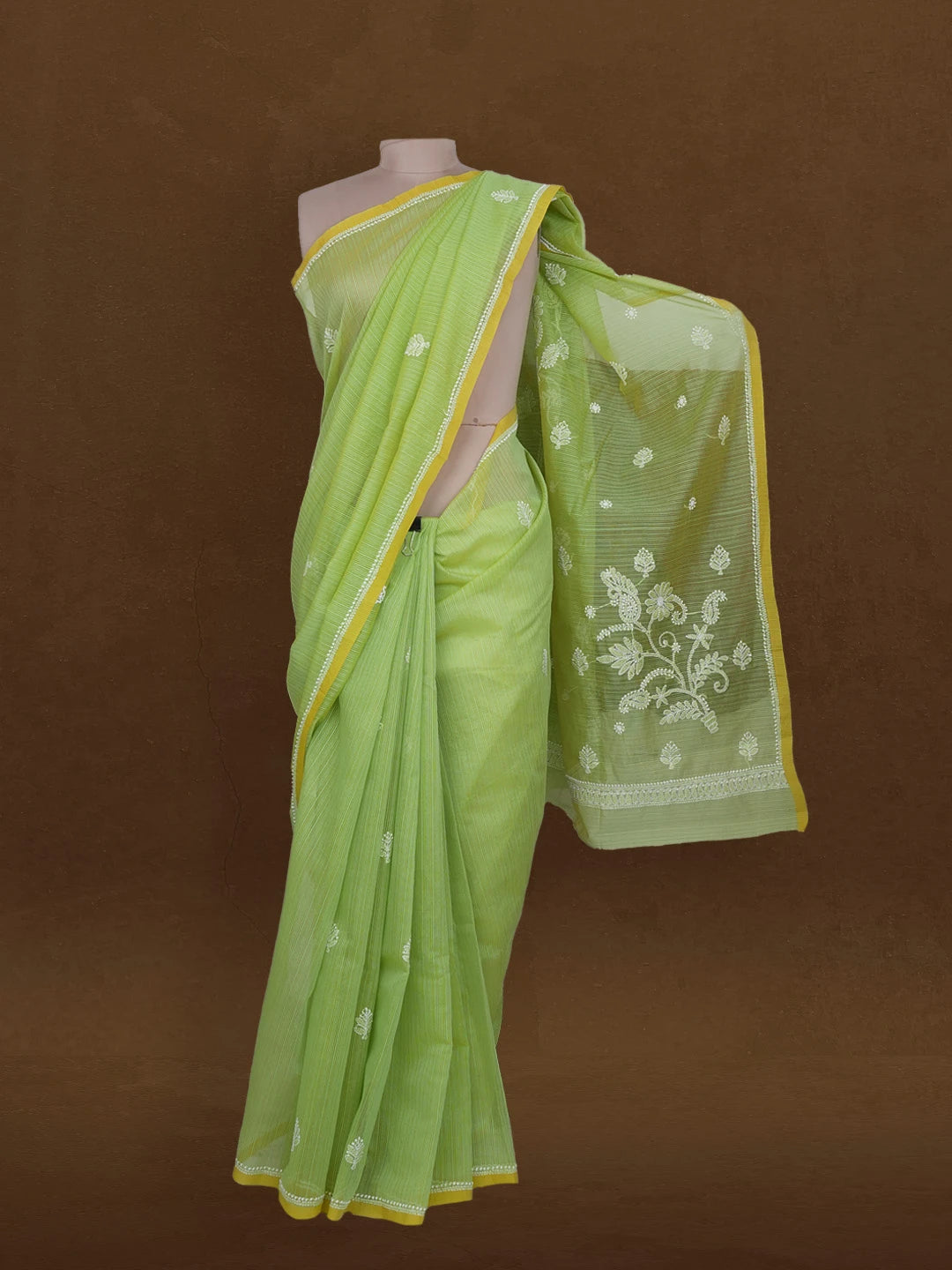 Ada Hand Embroidered Green Super Net Lucknowi Chikankari Saree With Blouse 01A592653