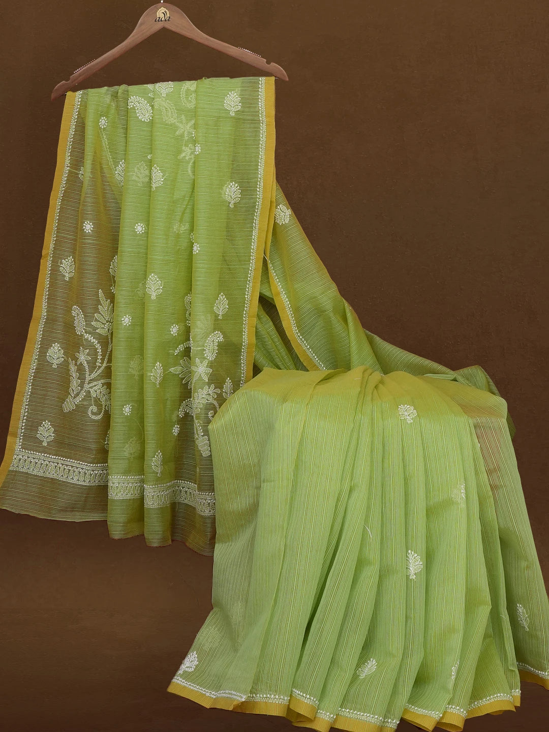 Ada Hand Embroidered Green Super Net Lucknowi Chikankari Saree With Blouse 01A592653