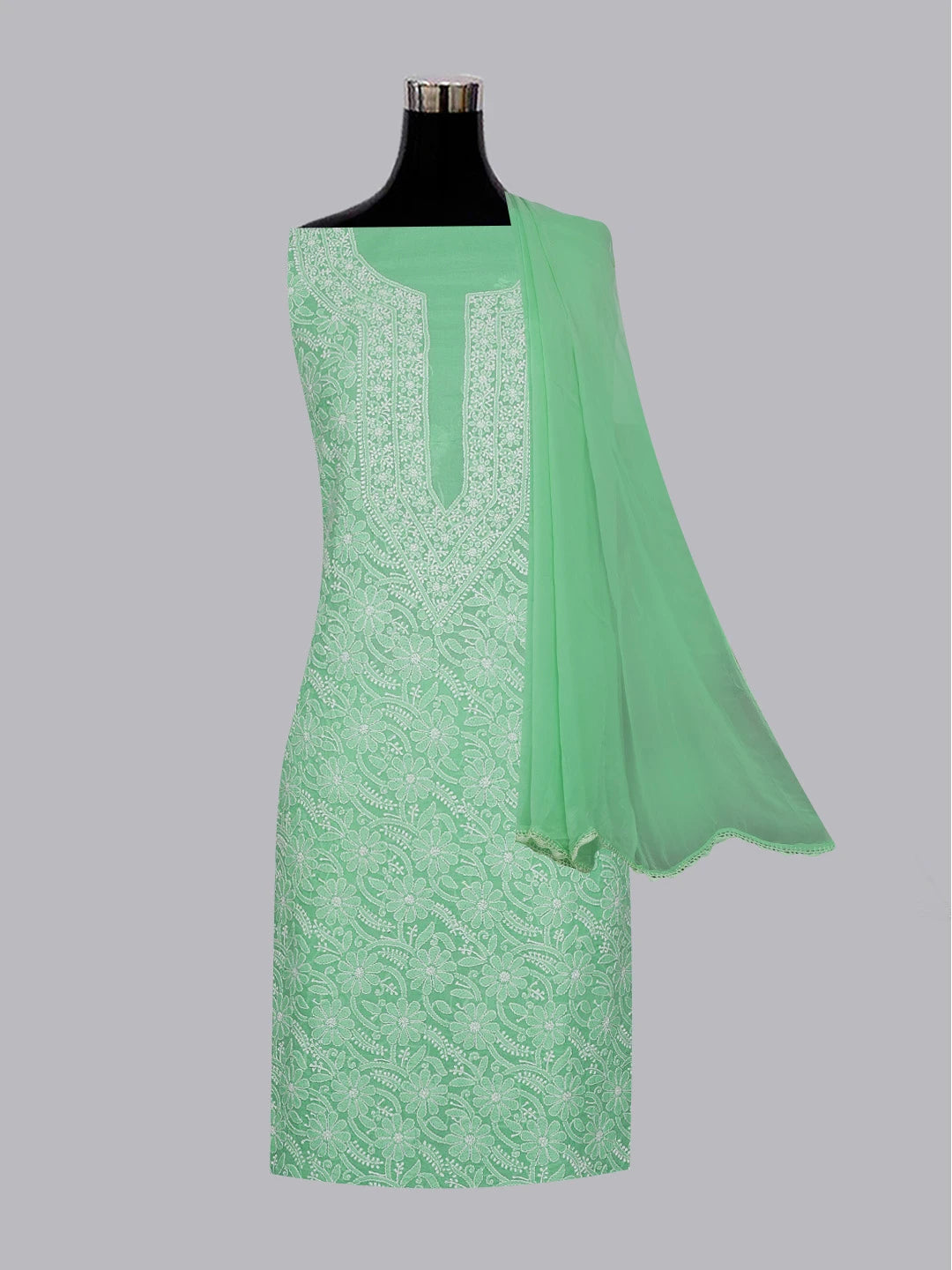 Ada Hand Embroidered Sea Green Cotton Lucknowi Chikankari Unstitched Suit Piece 01A592738