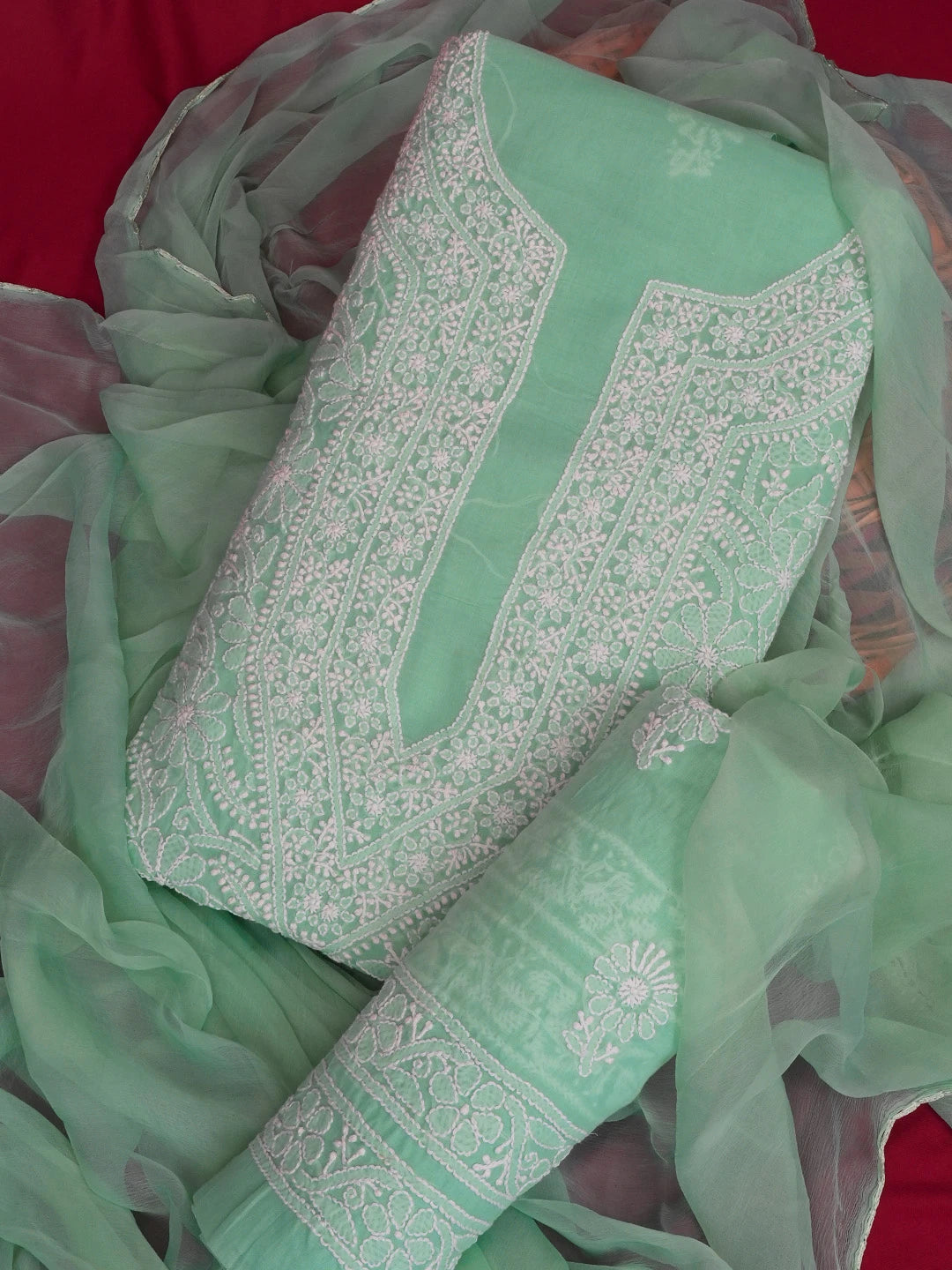 Ada Hand Embroidered Sea Green Cotton Lucknowi Chikankari Unstitched Suit Piece 01A592738