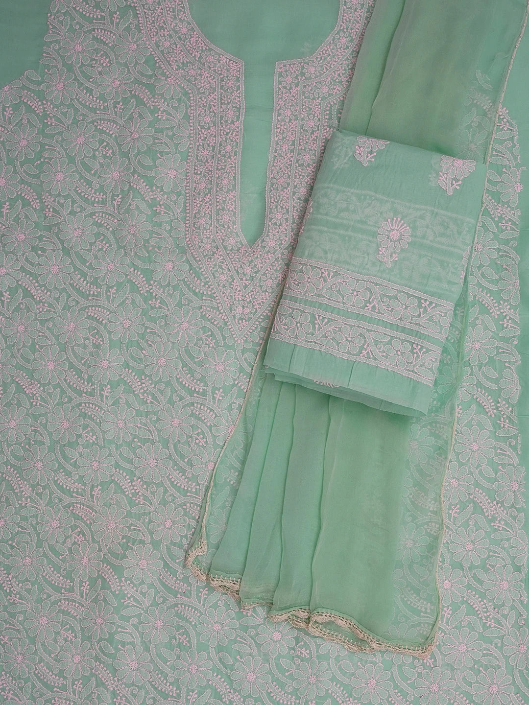 Ada Hand Embroidered Sea Green Cotton Lucknowi Chikankari Unstitched Suit Piece 01A592738
