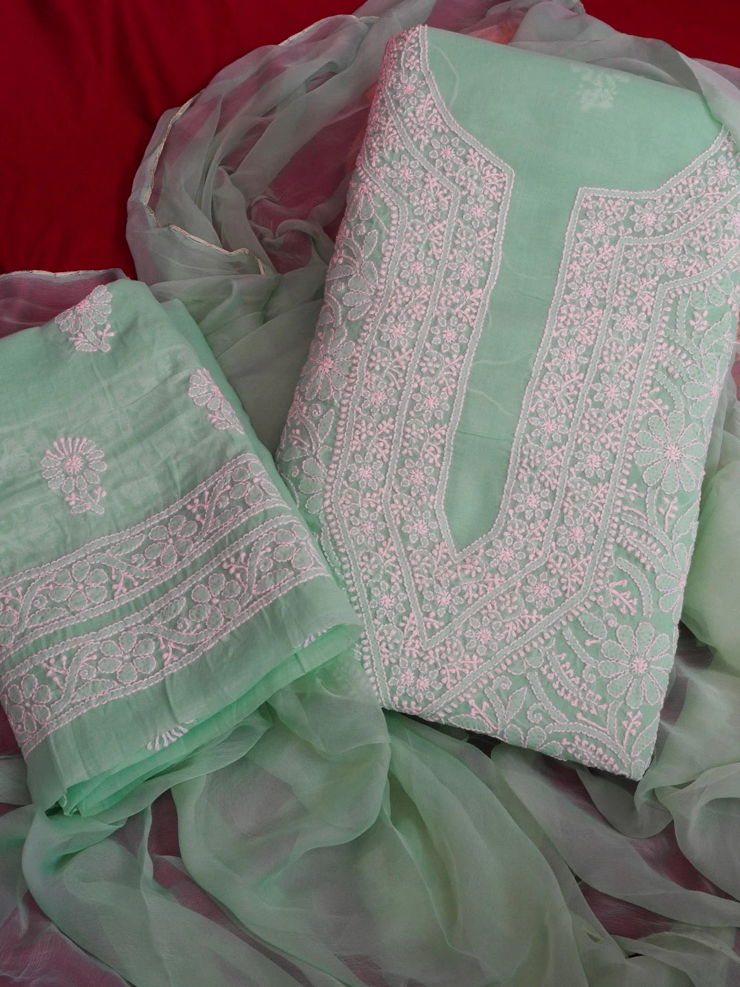 Ada Hand Embroidered Sea Green Cotton Lucknowi Chikankari Unstitched Suit Piece 01A592738
