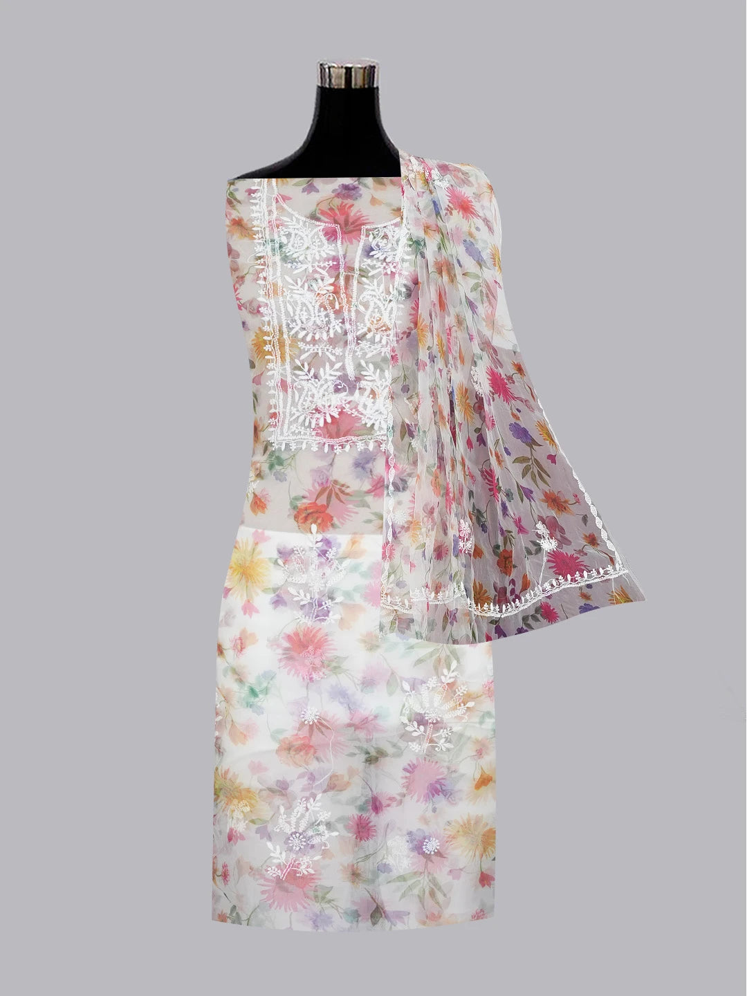 Ada Hand Embroidered White Organza Floral Printed Chikankari Unstitched Kurta Dupatta Set 01A585926