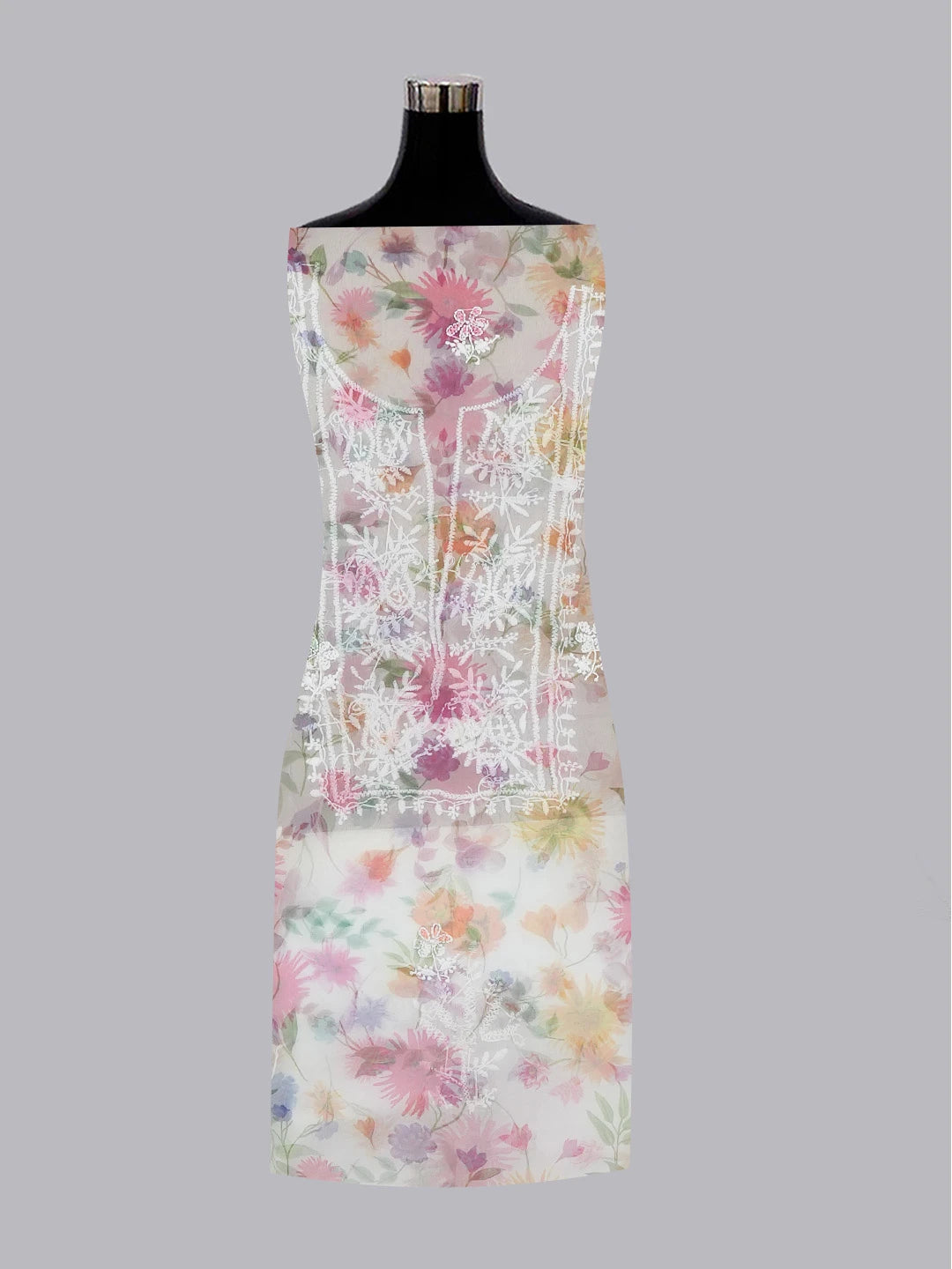 Ada Hand Embroidered White Organza Floral Printed Chikankari Unstitched Kurta Dupatta Set 01A585926
