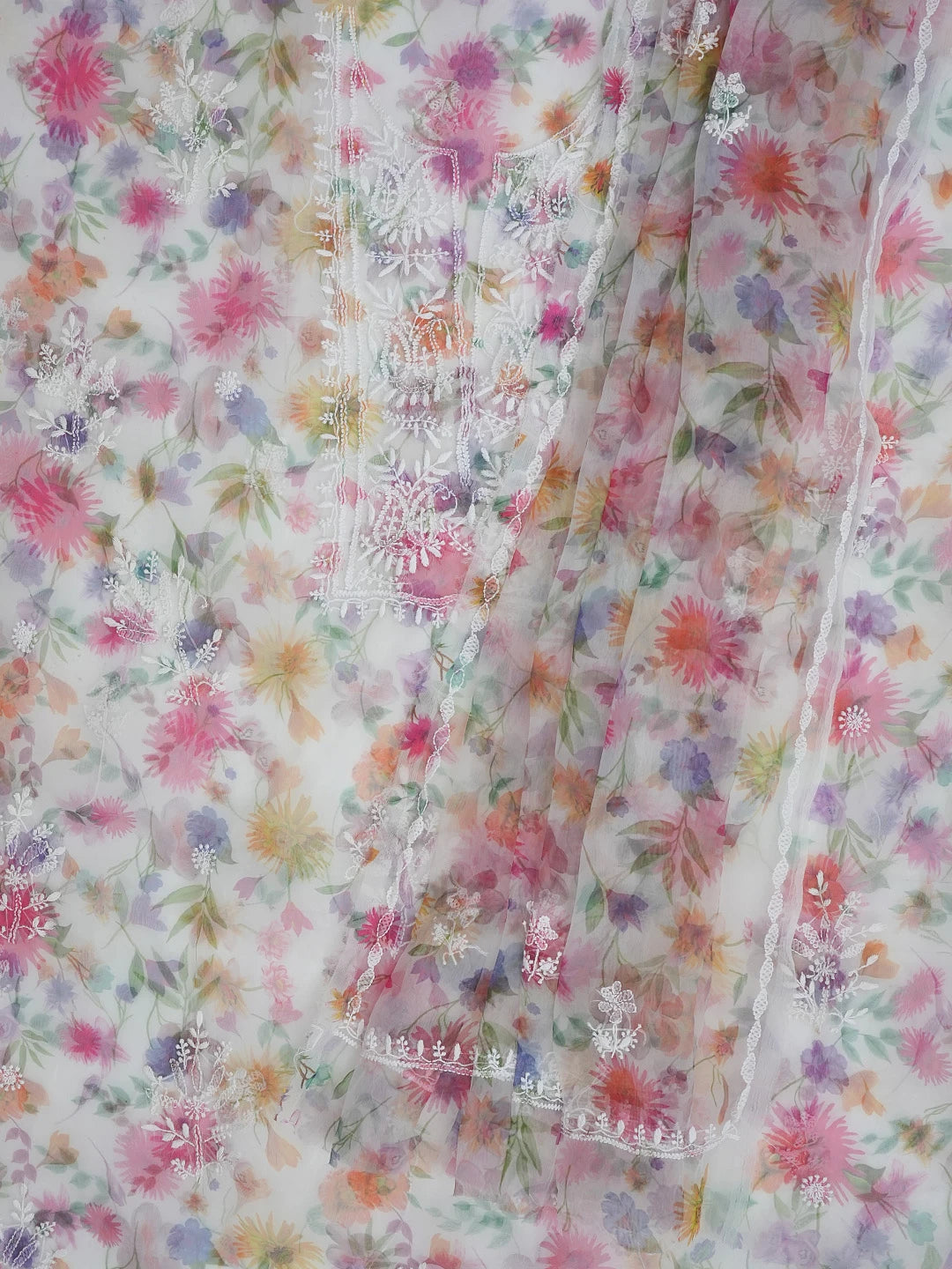 Ada Hand Embroidered White Organza Floral Printed Chikankari Unstitched Kurta Dupatta Set 01A585926