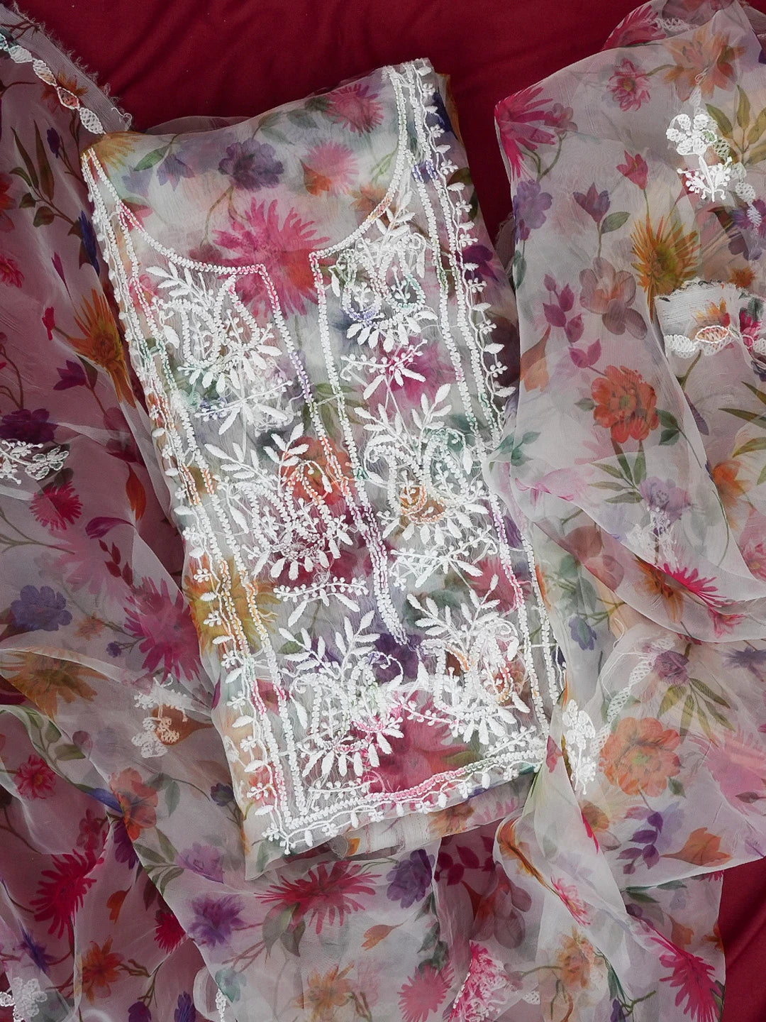 Ada Hand Embroidered White Organza Floral Printed Chikankari Unstitched Kurta Dupatta Set 01A585926