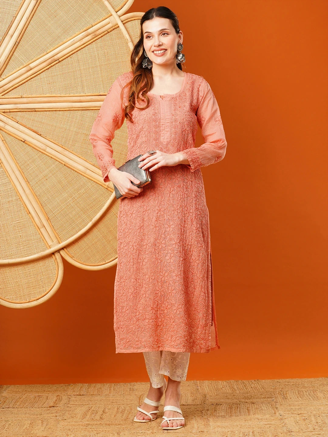 Ada Hand Embroidered Dark Peach Kota Lucknowi Chikankari Straight Kurta With Slip A411628