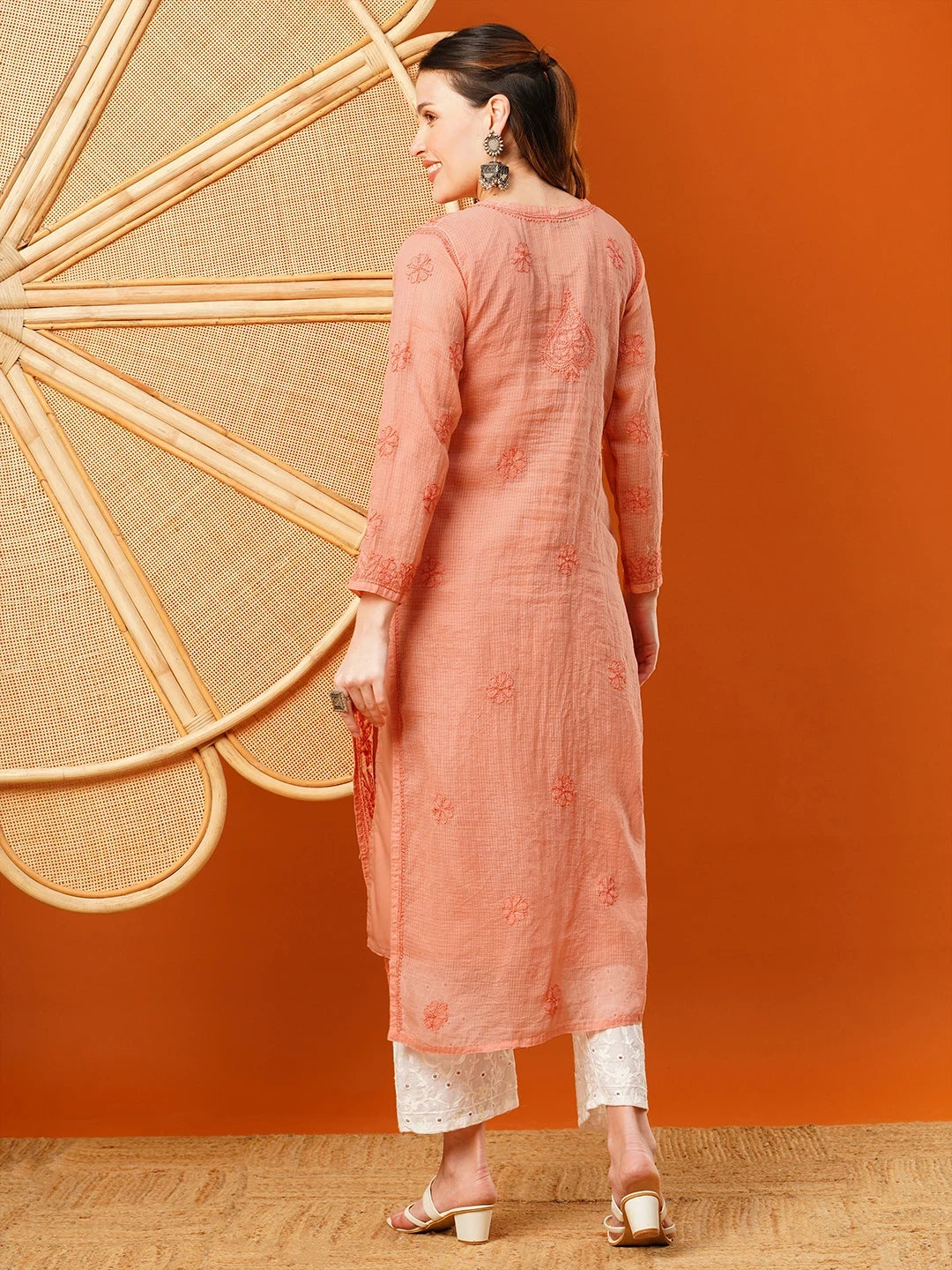 Ada Hand Embroidered Dark Peach Kota Lucknowi Chikankari Straight Kurta With Slip A411628