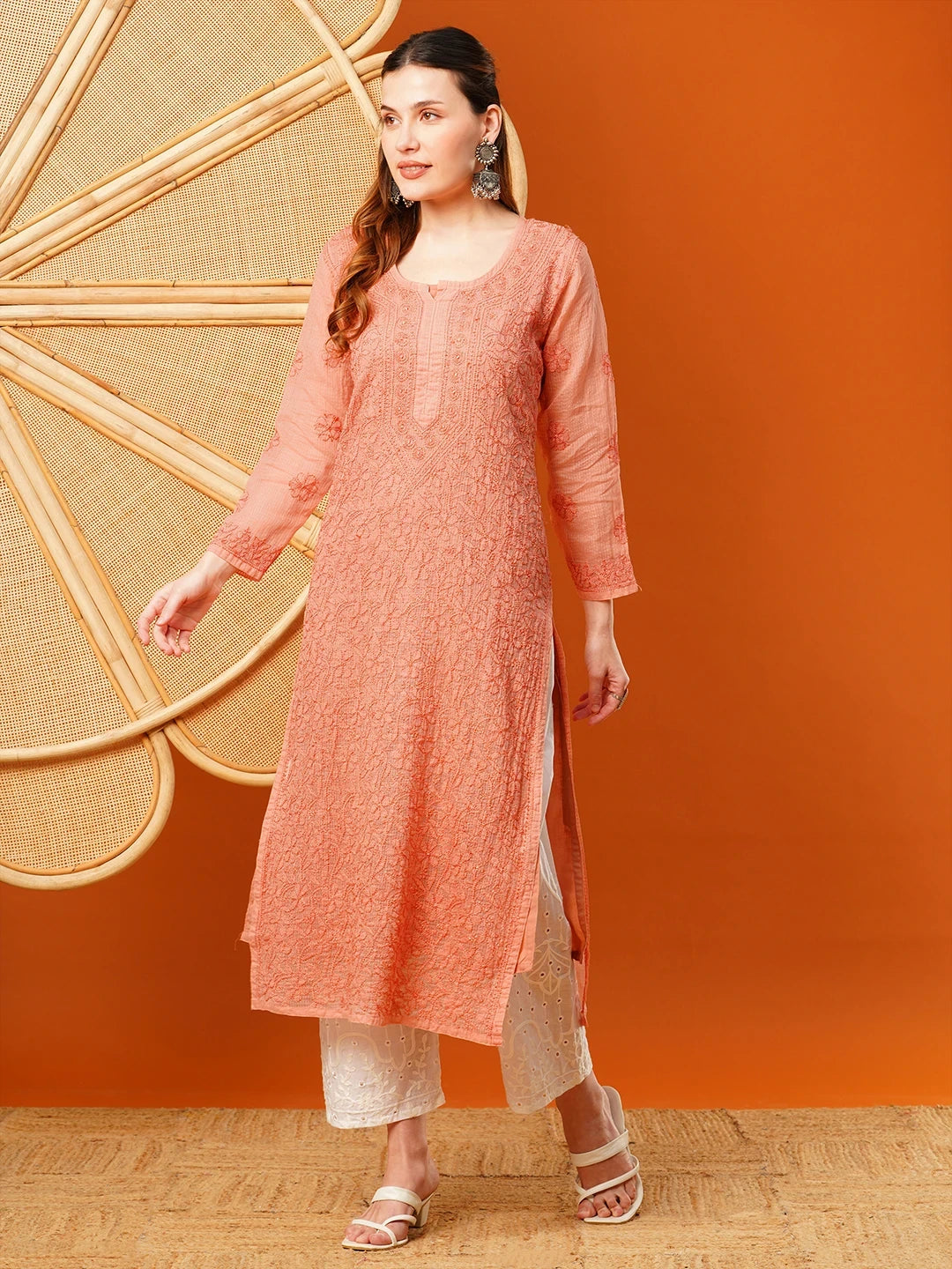 Ada Hand Embroidered Dark Peach Kota Lucknowi Chikankari Straight Kurta With Slip A411628