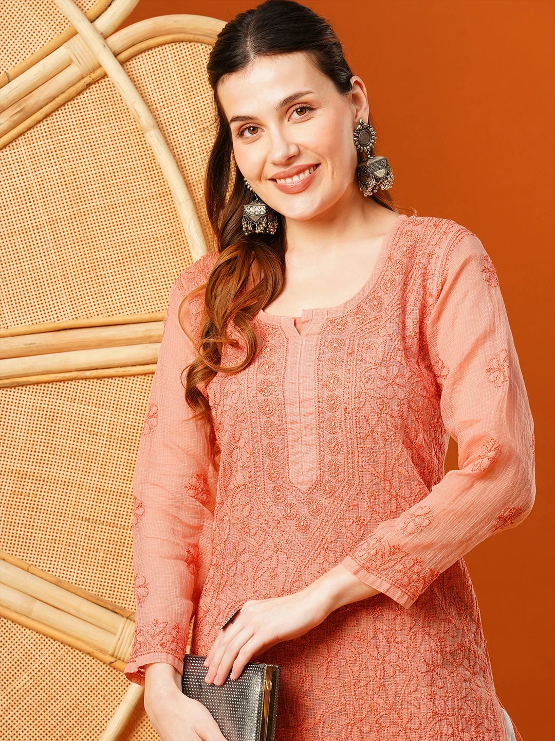 Ada Hand Embroidered Dark Peach Kota Lucknowi Chikankari Straight Kurta With Slip A411628