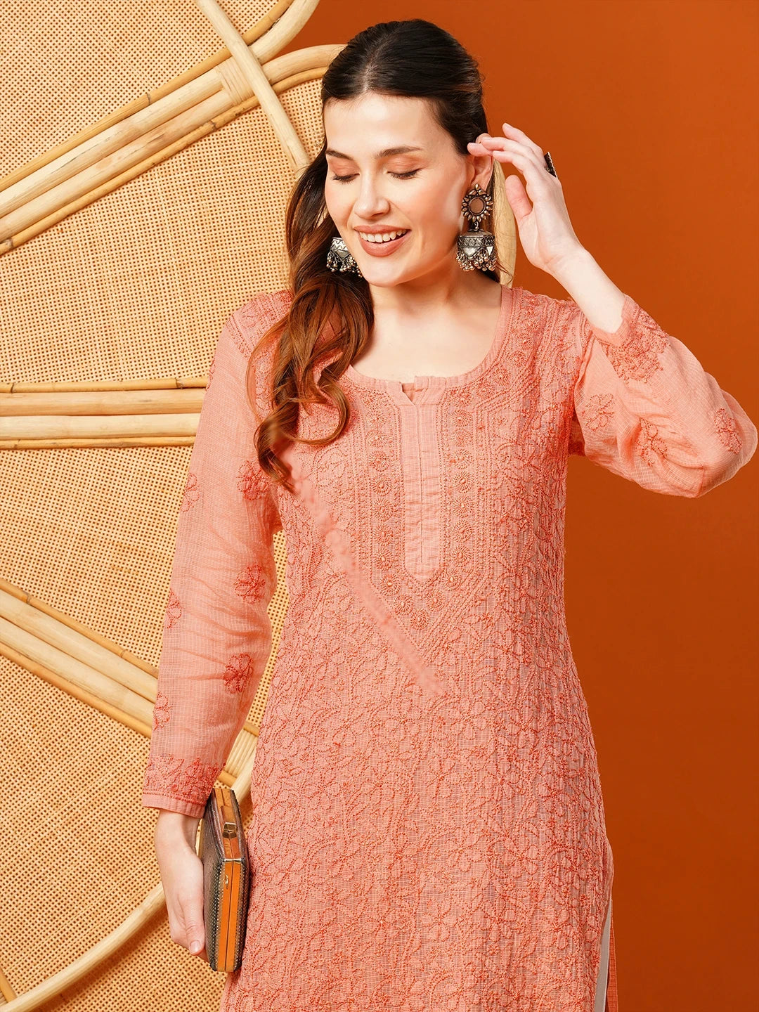 Ada Hand Embroidered Dark Peach Kota Lucknowi Chikankari Straight Kurta With Slip A411628