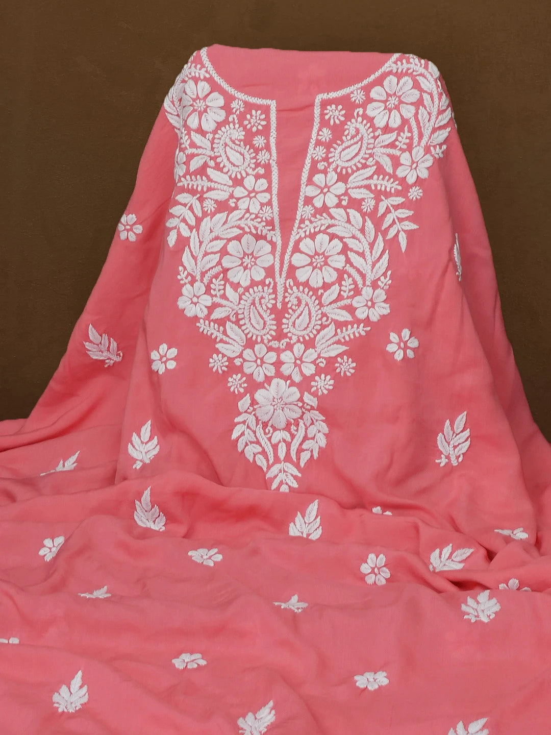 Ada Hand Embroidered Carrot PInk Modal Lucknowi Chikankari Unstitched Kurta Piece 01A593757
